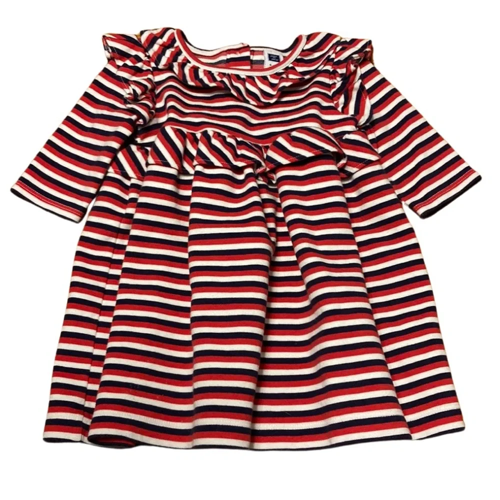 Janie And Jack Baby Girls Sz 6-12 Month Red White Blue Striped Knit Ruffle Dress